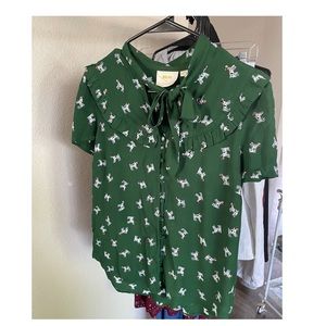 Dark green dog printed button down top